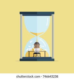 Empresario africano trabaja duro en la computadora sobre el concepto de fecha límite de reloj de arena grande. Vector