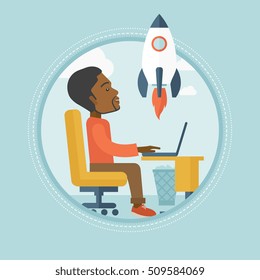 African businessman working on new business start up. Businessman looking at business start up rocket. Business start up concept. Vector flat design illustration in the circle isolated on background.