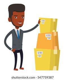 Afrikanischer Geschäftsmann, der im Lager arbeitet. Geschäftsmann überprüft Kästchen im Lager. Geschäftsmann im Lager, der Waren für den Versand vorbereitet. Vektorgrafik mit flachem Design, einzeln auf weißem Hintergrund