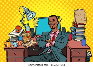 African businessman, workplace. Pop art retro vector illustration vintage kitsch