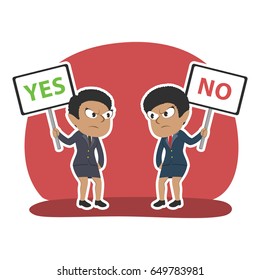 african businesswoman arguing using yes and no sign