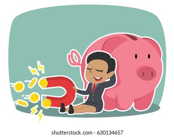 african businesswoman beside piggy bank holding coin magnet