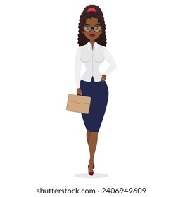 African businesswoman with briefcase. Black female office manager outfit cartoon vector illustration