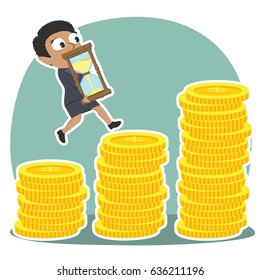 african businesswoman is climbing coin stairs carrying hourglass
