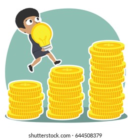 african businesswoman climbing coin stairs while carrying idea illustration design