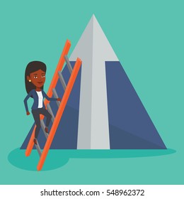 African businesswoman climbing the ladder. Businesswoman climbing on mountain with arrow going up. Businesswoman climbing upward on the top of mountain. Vector flat design illustration. Square layout.