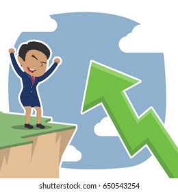 african businesswoman excited see upward arrow from cliff edge