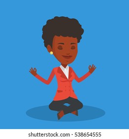 An african businesswoman with eyes closed meditating in yoga lotus position. Businesswoman relaxing in the yoga lotus position. Businesswoman doing yoga. Vector flat design illustration. Square layout