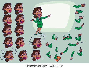 African businesswoman. Face and body elements, parts of body template for design work and animation. Vector illustration to Isolated and funny cartoon character.
