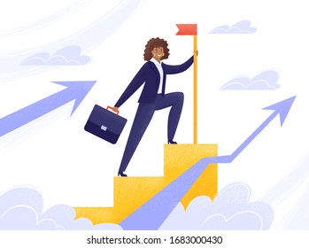 African businesswoman in a flat style. Successful business woman climbed up the career ladder or stairs. Vector stock illustration with up arrow chart in clouds isolated on white background. 