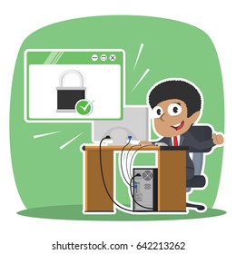african businesswoman in front of secured computer