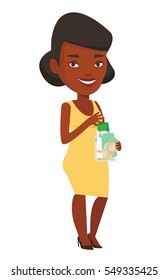 African businesswoman holding money box. Business woman saving money banknotes in glass jar. Business woman putting money into glass jar. Vector flat design illustration isolated on white background.