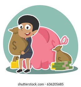 african businesswoman holding money sack behind piggy bank