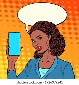 african businesswoman leads a stream on the phone. Pop art retro vector illustration vintage kitsch 50s 60s style