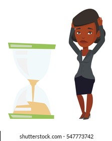 African businesswoman looking at hourglass symbolizing deadline. Woman worrying about deadline terms. Time management and deadline concept. Vector flat design illustration isolated on white background