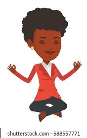 African businesswoman meditating in yoga lotus position. Businesswoman relaxing in the yoga lotus position. Businesswoman doing yoga. Vector flat design illustration isolated on white background.