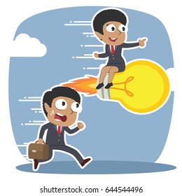 african businesswoman on bulb racing against african businessman illustration design