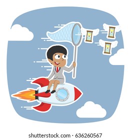 african businesswoman on rocket chasing flying hourglass