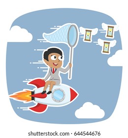 african businesswoman on rocket chasing flying hourglass illustration design