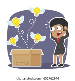 african businesswoman panic because her ideas fly away