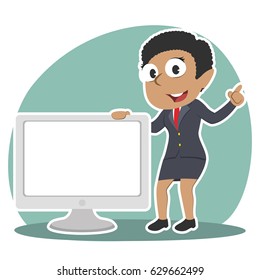 african businesswoman presenting big blank monitor