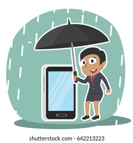 african businesswoman protecting her phone with umbrella