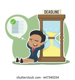 african businesswoman relaxing beside hourglass after finishing her work