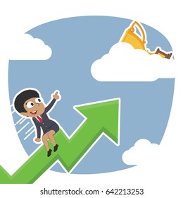 african businesswoman riding graph to trophy on clouds
