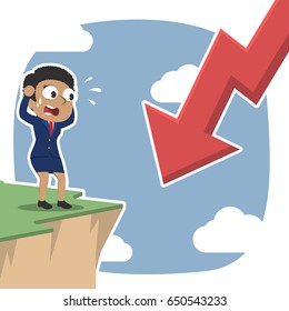 african businesswoman shock see downward arrow from cliff edge