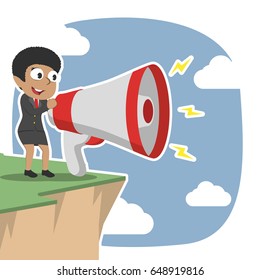 african businesswoman shouting with big megaphone on cliff edge