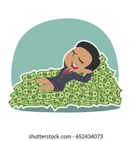 african businesswoman sleeping on money bed
