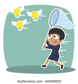 african businesswoman trying to catch flying ideas illustration design