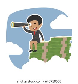 african businesswoman using telescope on top of money peak