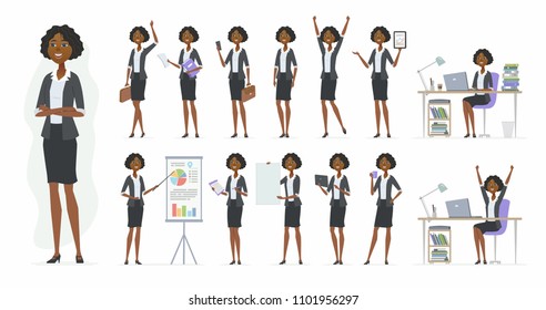 African businesswoman - vector cartoon people character set isolated on white background. Set of different poses, gestures for animation. Smiling office worker presenting a project