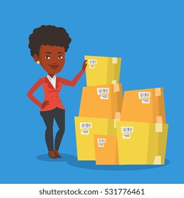 An african businesswoman working in warehouse. Businesswoman checking boxes in warehouse. Young business woman preparing goods for dispatch in warehouse. Vector flat design illustration. Square layout