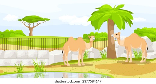 African camel standing near fence with pond in zoo. Safari vacation. Natural wildlife. Cartoon design. Cute character. Picturesque landscape. Wild savanna with tree. Vector illustration