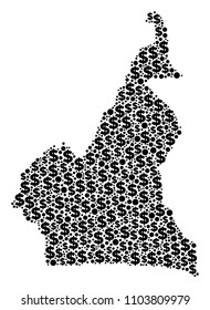 African Cameroon map collage of dollars and spheric dots in different sizes. Abstract vector wealth and GDP African Cameroon map.