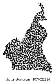 African Cameroon Map mosaic of dots in variable sizes. Randomized round spots are grouped into African Cameroon Map collage. Vector geography map design concept.