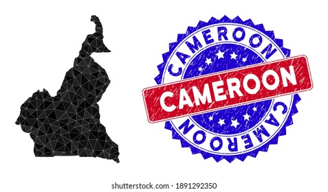 African Cameroon map polygonal mesh with filled triangles, and textured bicolor stamp imitation. Triangle mosaic African Cameroon map with mesh vector model, triangles have randomized sizes,