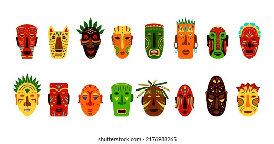 African carnival masks. Hawaiian ethnic faces. Aztec or Africa animal heads. Bird and human idols. Indigenous tribal totem. Aborigine accessories set. Vector illustration collection