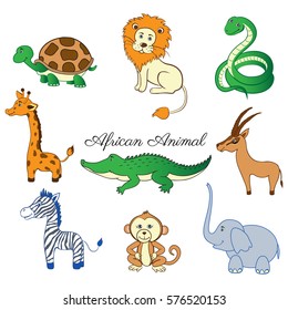 African cartoon animal turtle, giraffe, lion, zebra, crocodile, gazelle, zebra, monkey, elephant isolated on white, Vector doodle illustration, Character design for greeting card, children invite