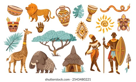 African cartoon culture elements, tribal people and nature set. Funny ritual mask and vase, animals and tree with ethnic pattern tattoo. African tribe mascots, cartoon collection vector illustration