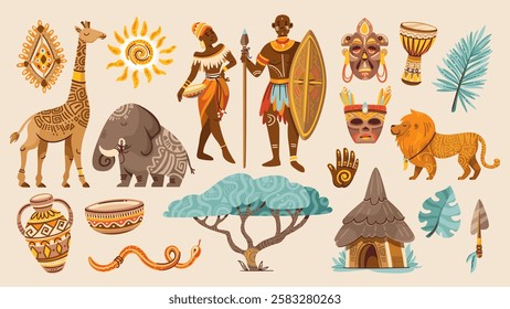 African cartoon culture elements, tribal people and nature set. Funny elephant and lion, baobab and mud hut with geometric pattern of tribe. African mascots, cartoon collection vector illustration