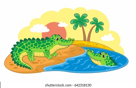 African cartoon cute crocodiles. Vector illustration for kids