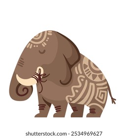 Elefante africano de desenho animado com padrão tribal. Engraçado animal de savana africana com presas e rabiscar motivo de tribo nativa. Cultura tradicional de África mascote, desenho animado elefante bonito vetor ilustração