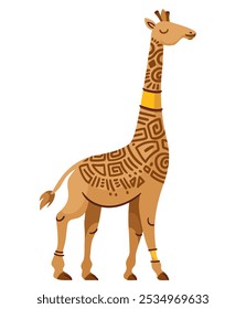 Girafa africana de desenho animado com padrão tribal. Animais engraçados da África com textura étnica tradicional no corpo. Cultura étnica, mascote de fauna, girafa bonitinha de desenho animado de savana africana ilustração vetor