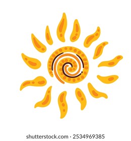 African cartoon hot sun of tribal pattern. Funny element of ethnic ornament in Africa. African culture, tribe decoration mascot, cartoon sun with spiral shape and sunshine rays vector illustration