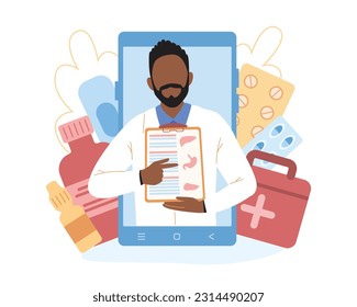 African cartoon man working as online doctor. Process of providing modern healthcare services. Online telemedicine sector. Vector illustration on white background