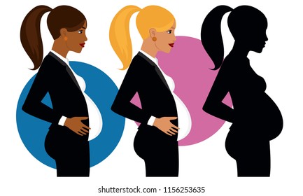 African and caucasian business women,expecting a child.Office costume.Pregnant womans silhouete.Icon of future mommy in profile.Pony tail.Vector illustration of full body detailed characters,isolated.