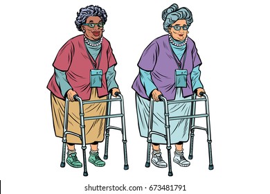 African and Caucasian old ladies with walker. active lifestyle of seniors. Pop art retro vector illustration